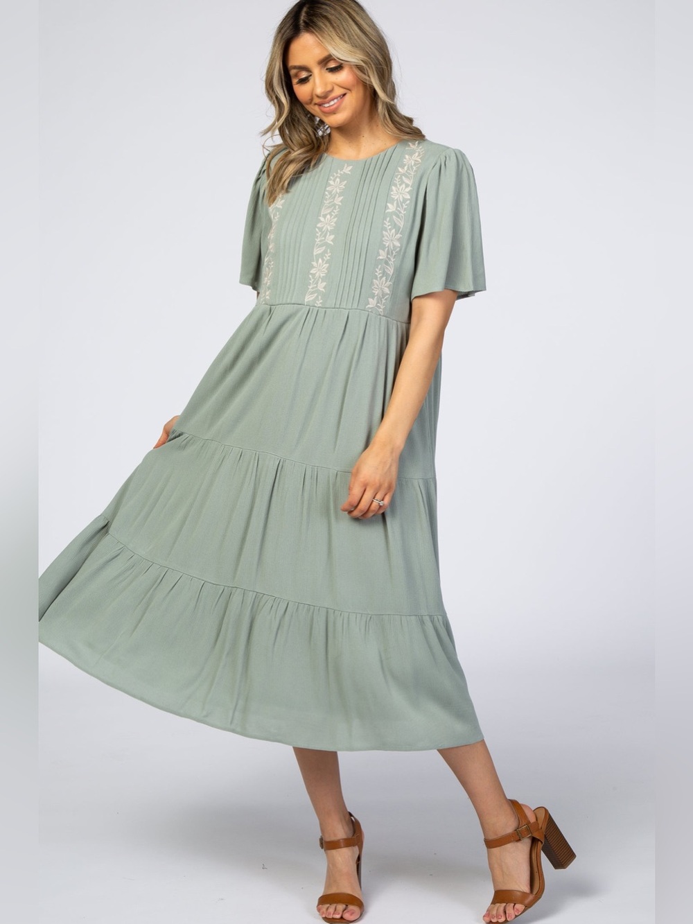 Polagram Sage Green Embroidered Tiered Midi Dress